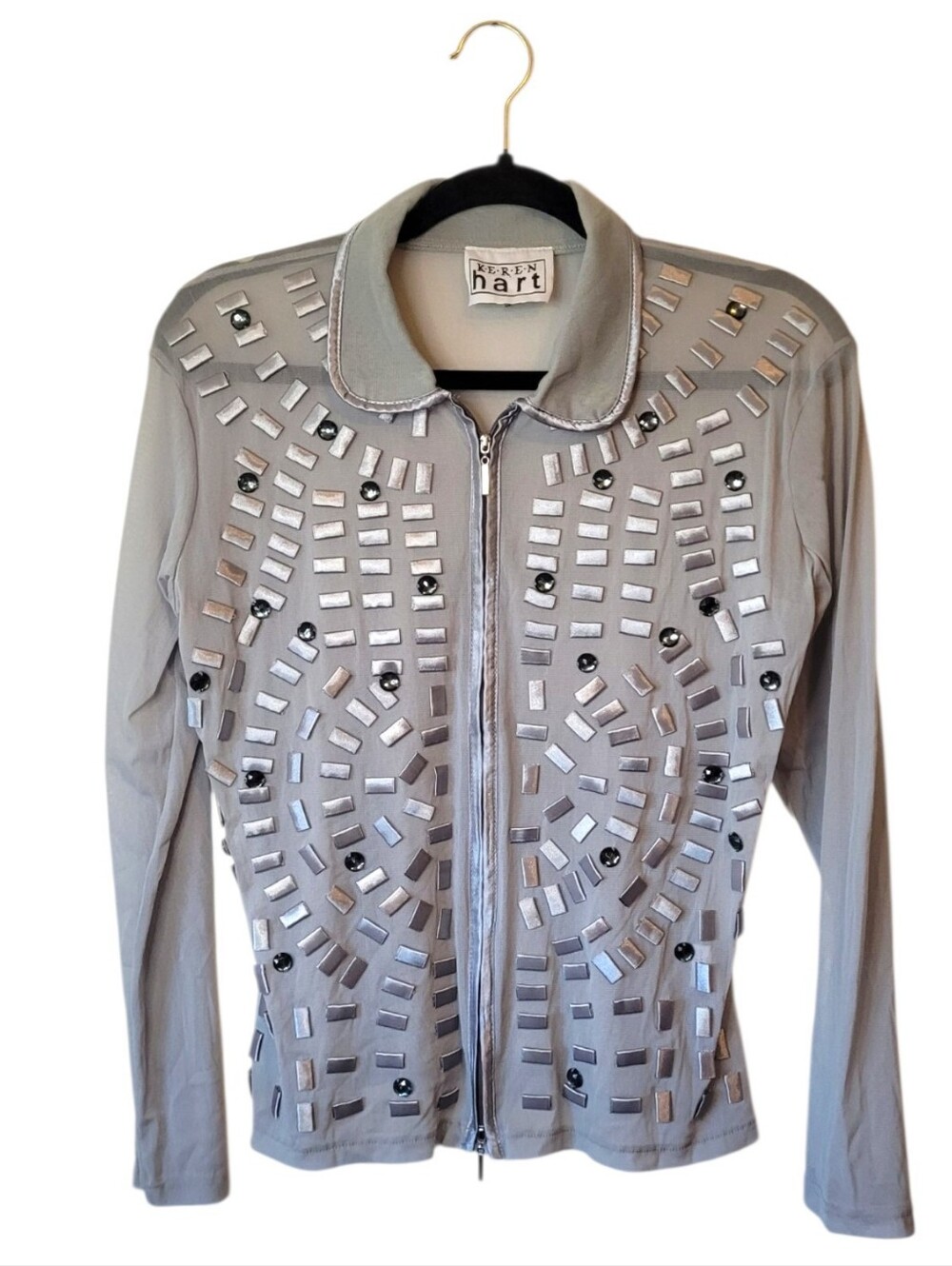 Vintage KEREN hart Mesh Silver Embellished Collared Jacket Size S/M